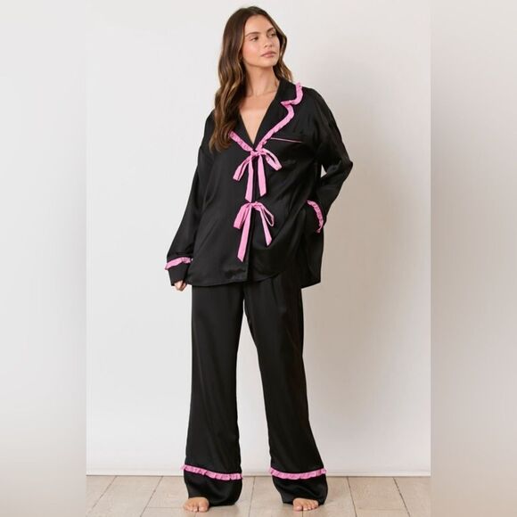 SATIN RUFFLE DETAIL PAJAMA SET - Picture 1 of 9